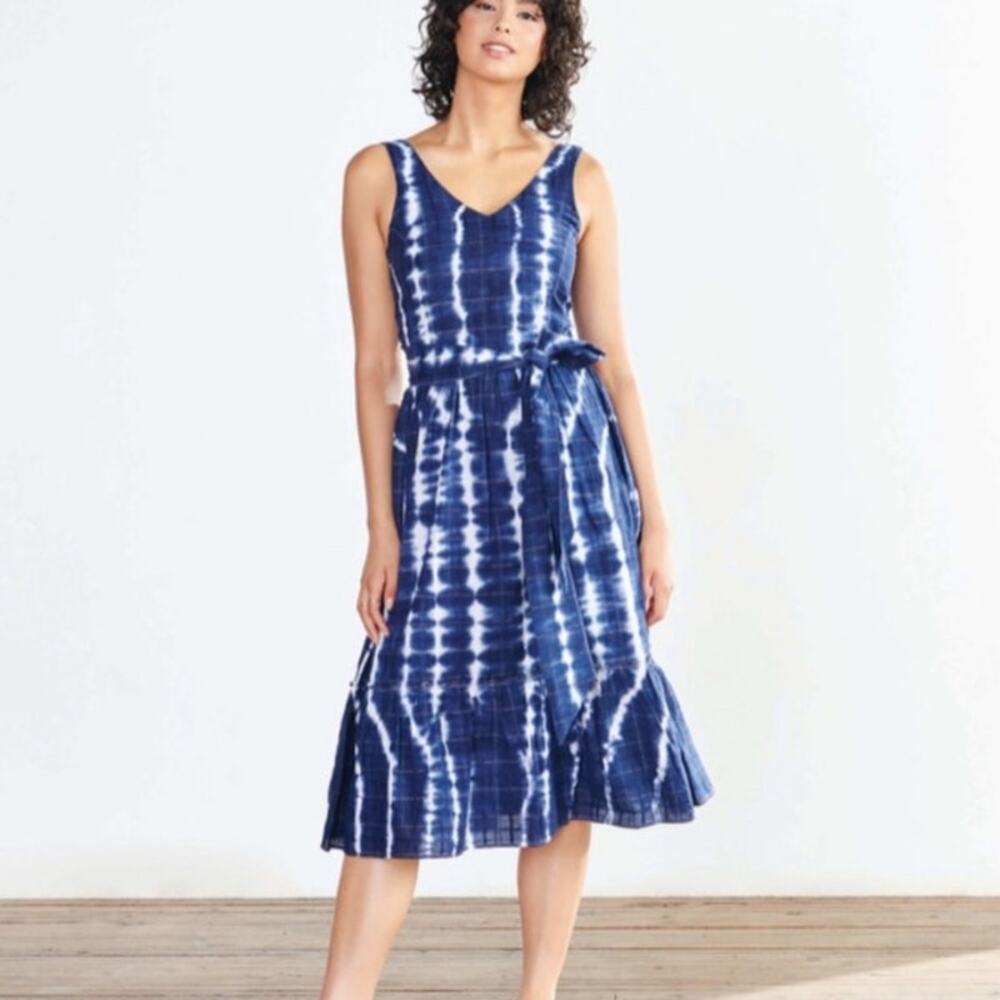 Hatley Sydney Midi V-Neck Tiered Dress Medium Windowpane‎ Flare Skirt TIe Belt